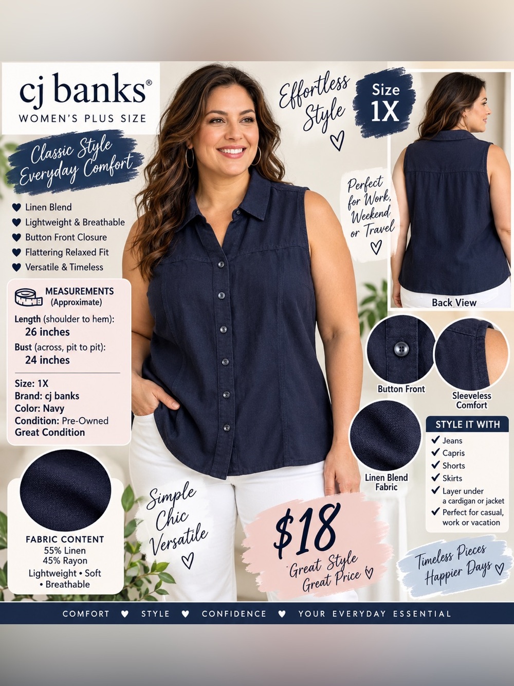 Christopher & Banks Navy Sleeveless Button-Down Shirt